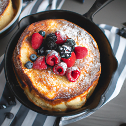 Fluffy Dutch oven pancakes topped with fresh berries and a drizzle of maple syrup.