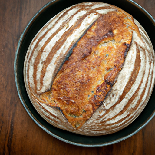 Freshly baked artisan bread with a crispy crust, made in a Dutch oven.